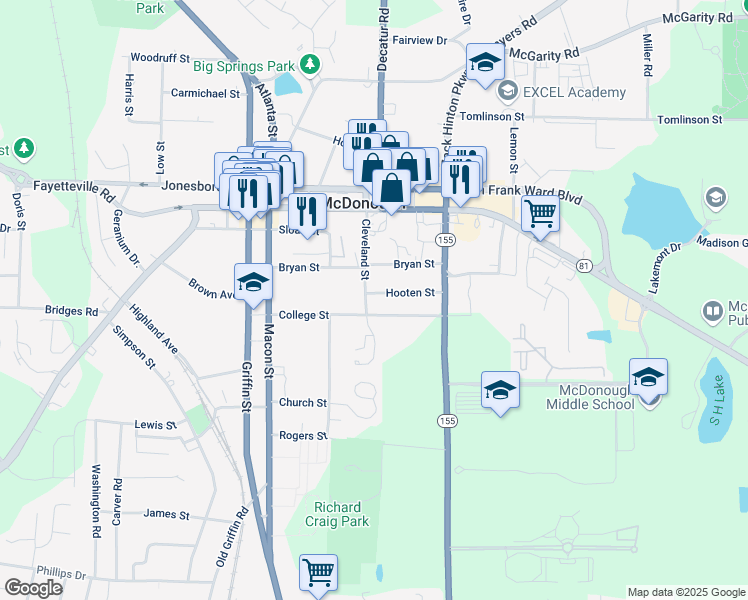 map of restaurants, bars, coffee shops, grocery stores, and more near 131 Cleveland Street in McDonough