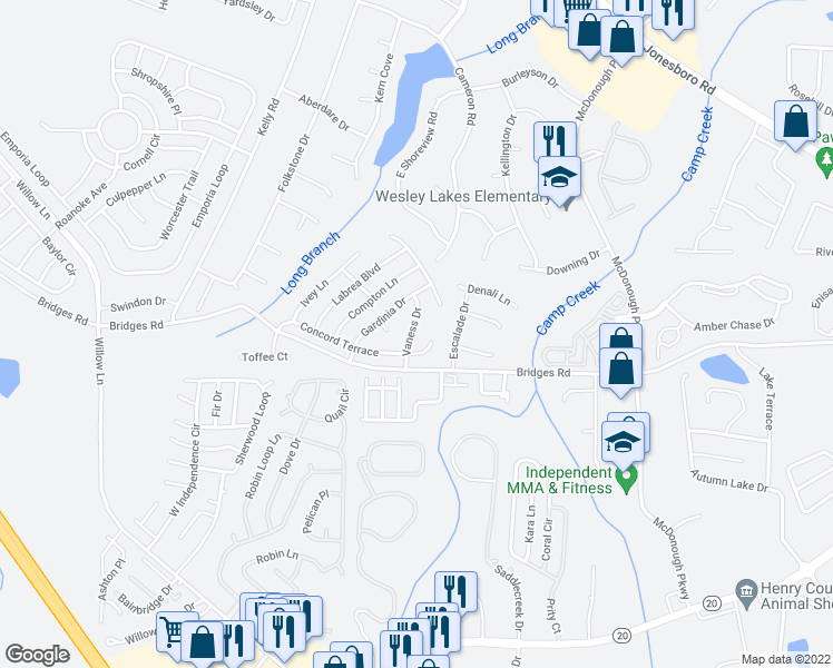 map of restaurants, bars, coffee shops, grocery stores, and more near 235 Vaness Drive in McDonough