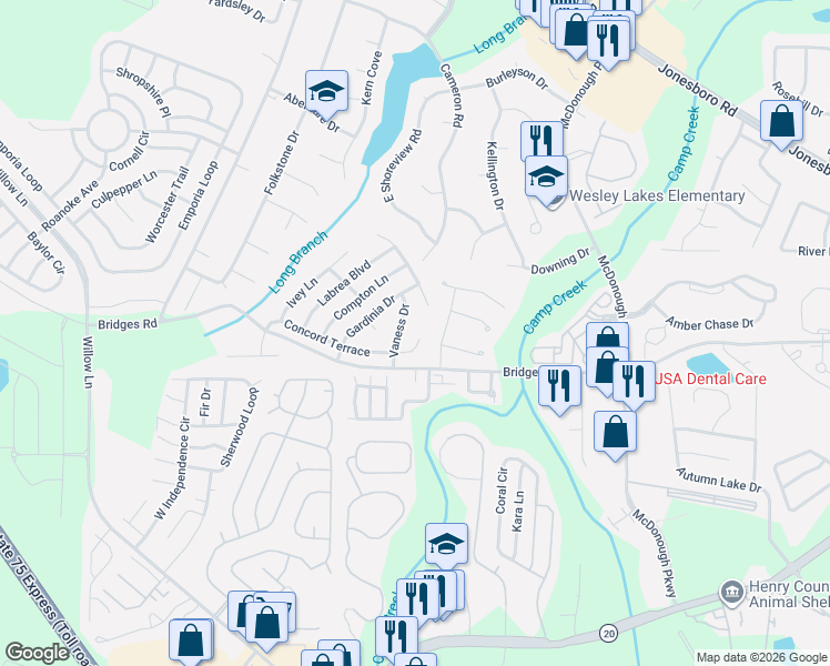 map of restaurants, bars, coffee shops, grocery stores, and more near 255 Vaness Drive in McDonough