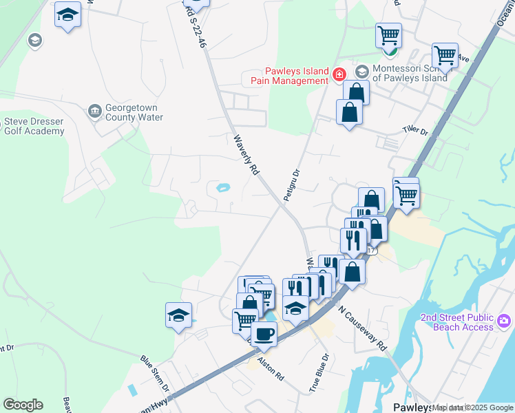 map of restaurants, bars, coffee shops, grocery stores, and more near 421 Waverly Road in Pawleys Island