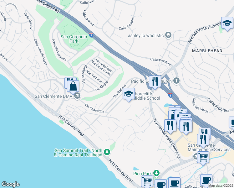 map of restaurants, bars, coffee shops, grocery stores, and more near Via Ballena in San Clemente