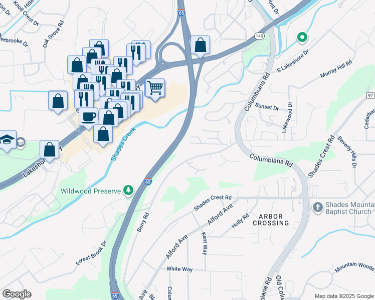 map of restaurants, bars, coffee shops, grocery stores, and more near 1564 Berry Road in Birmingham