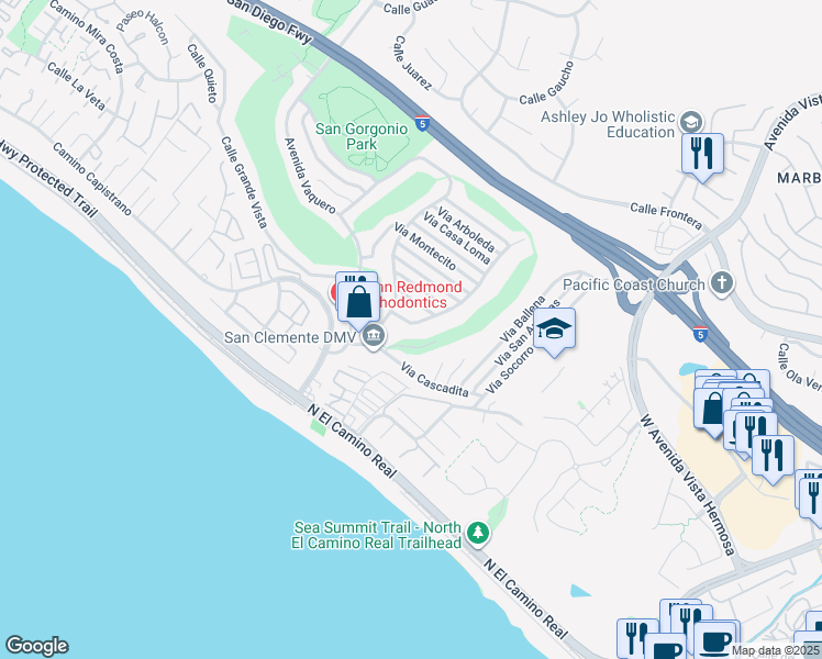 map of restaurants, bars, coffee shops, grocery stores, and more near 208 Via Alegre in San Clemente