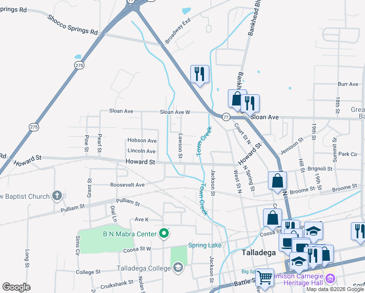 map of restaurants, bars, coffee shops, grocery stores, and more near 515 Lawson Street in Talladega