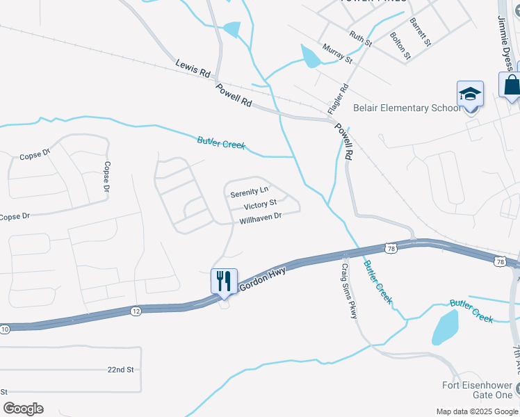 map of restaurants, bars, coffee shops, grocery stores, and more near 2516 Victory Street in Augusta