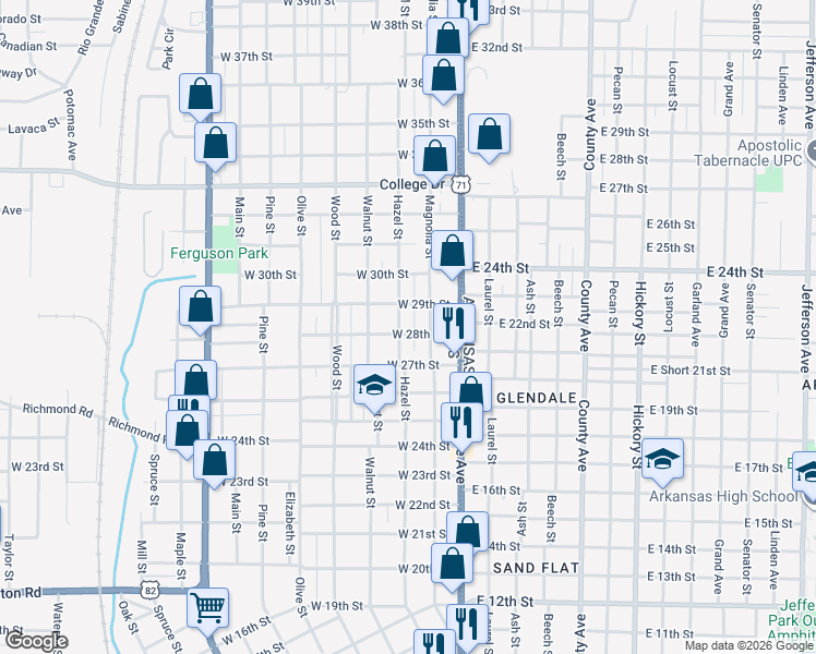 map of restaurants, bars, coffee shops, grocery stores, and more near 2816 Hazel Street in Texarkana
