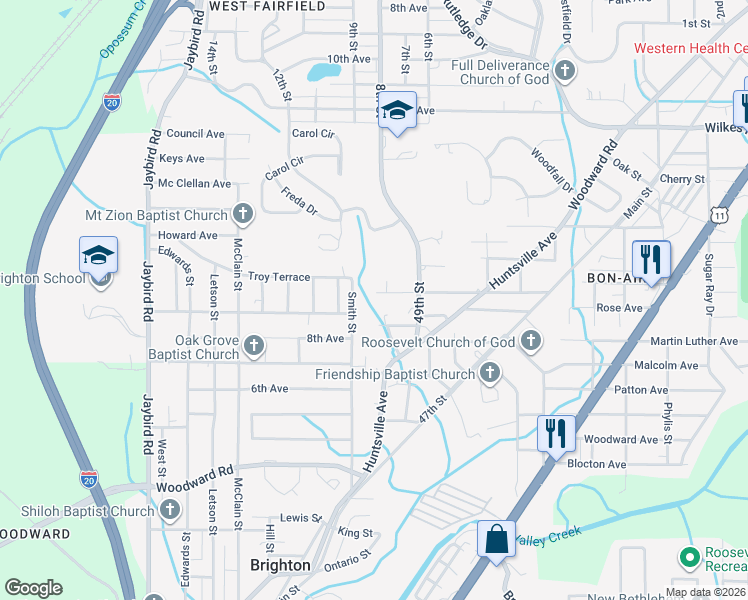 map of restaurants, bars, coffee shops, grocery stores, and more near 1538 Watts Street in Brighton