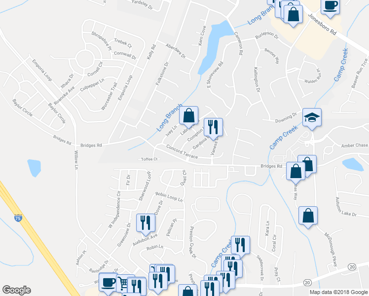 map of restaurants, bars, coffee shops, grocery stores, and more near 780 Compton Lane in McDonough