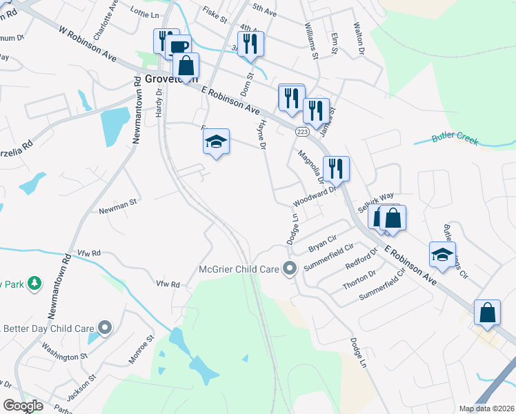map of restaurants, bars, coffee shops, grocery stores, and more near 302 Hayne Drive in Grovetown