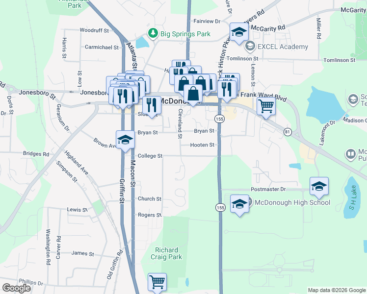 map of restaurants, bars, coffee shops, grocery stores, and more near 131 Cleveland Street in McDonough