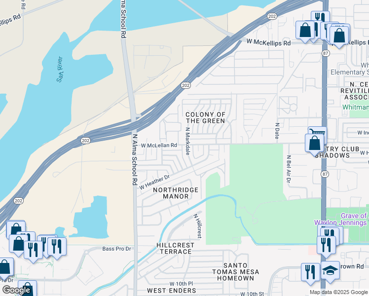 map of restaurants, bars, coffee shops, grocery stores, and more near 1556 North Markdale in Mesa