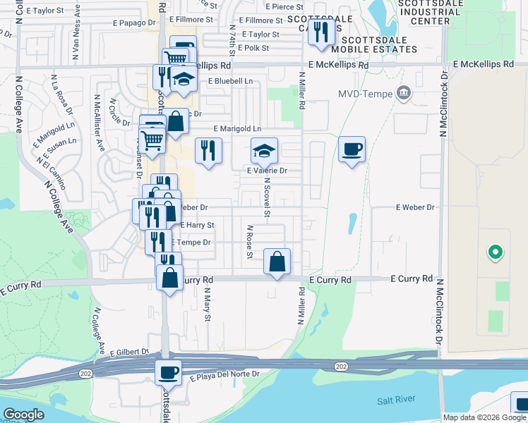 map of restaurants, bars, coffee shops, grocery stores, and more near 1215 East Weber Drive in Tempe
