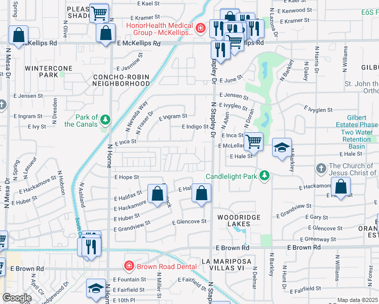 map of restaurants, bars, coffee shops, grocery stores, and more near 1550 North Stapley Drive in Mesa