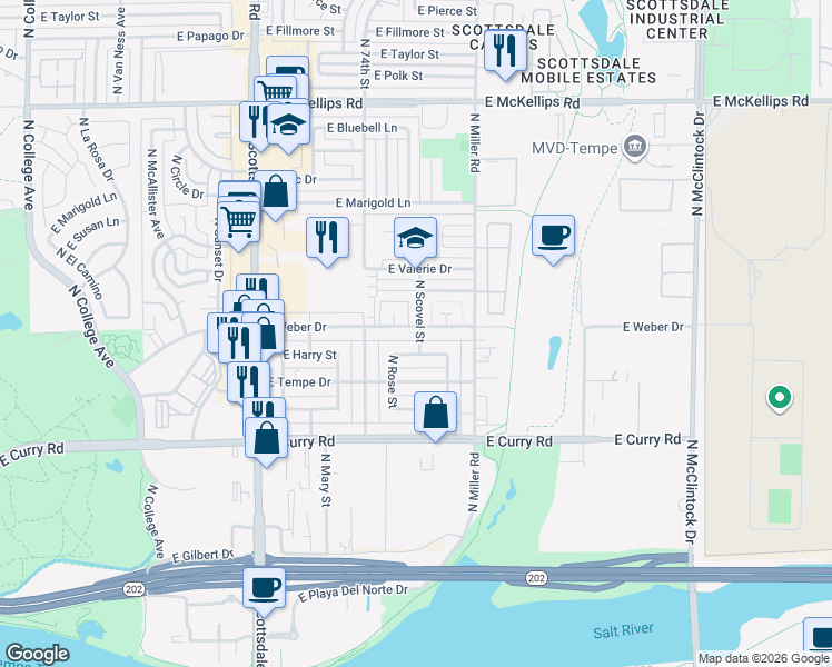 map of restaurants, bars, coffee shops, grocery stores, and more near 1215 East Weber Drive in Tempe