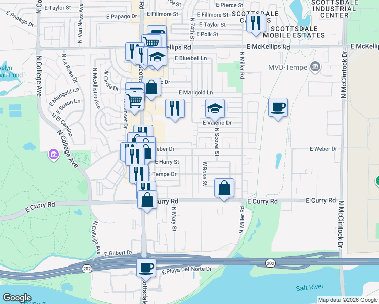 map of restaurants, bars, coffee shops, grocery stores, and more near 1049 East Weber Drive in Tempe