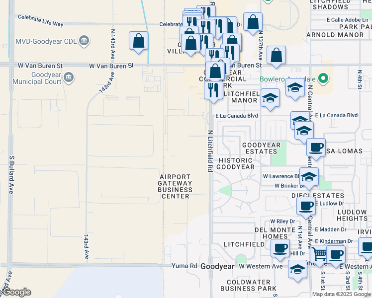 map of restaurants, bars, coffee shops, grocery stores, and more near 2 East La Pasada Boulevard in Goodyear
