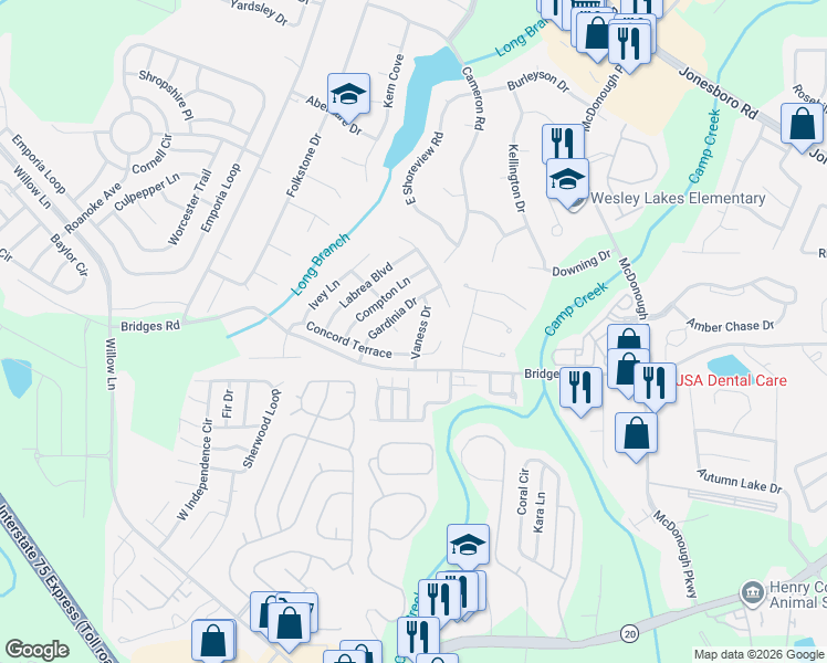 map of restaurants, bars, coffee shops, grocery stores, and more near 255 Vaness Drive in McDonough