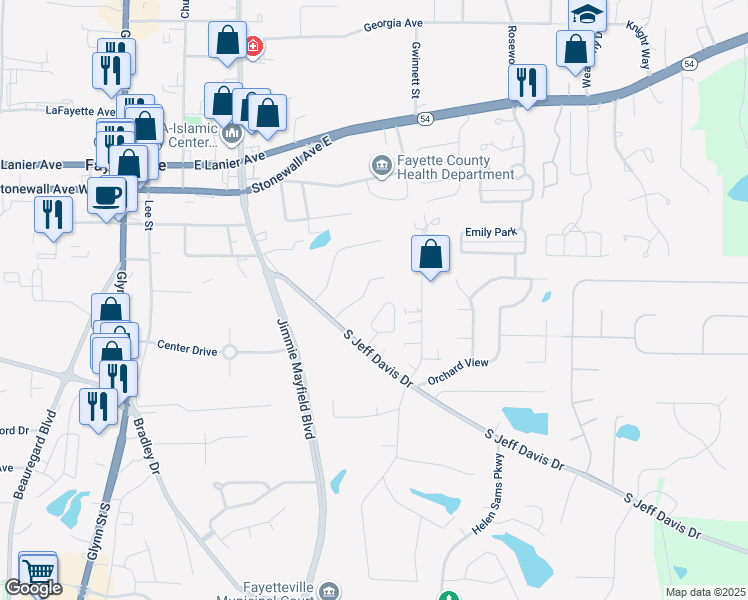 map of restaurants, bars, coffee shops, grocery stores, and more near 145 Hunters Lane in Fayetteville