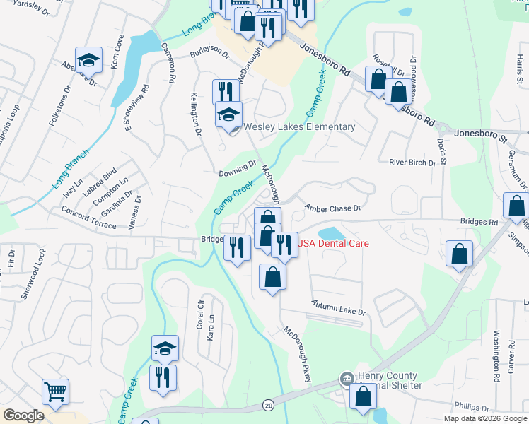 map of restaurants, bars, coffee shops, grocery stores, and more near 575 McDonough Parkway in McDonough
