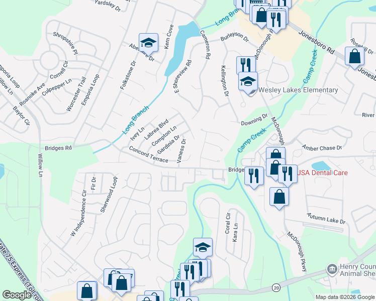 map of restaurants, bars, coffee shops, grocery stores, and more near 255 Vaness Drive in McDonough