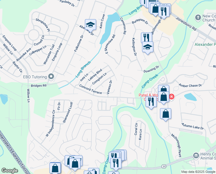 map of restaurants, bars, coffee shops, grocery stores, and more near 230 Vaness Drive in McDonough