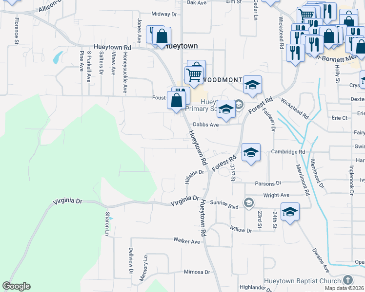 map of restaurants, bars, coffee shops, grocery stores, and more near 106 Laird Avenue in Hueytown