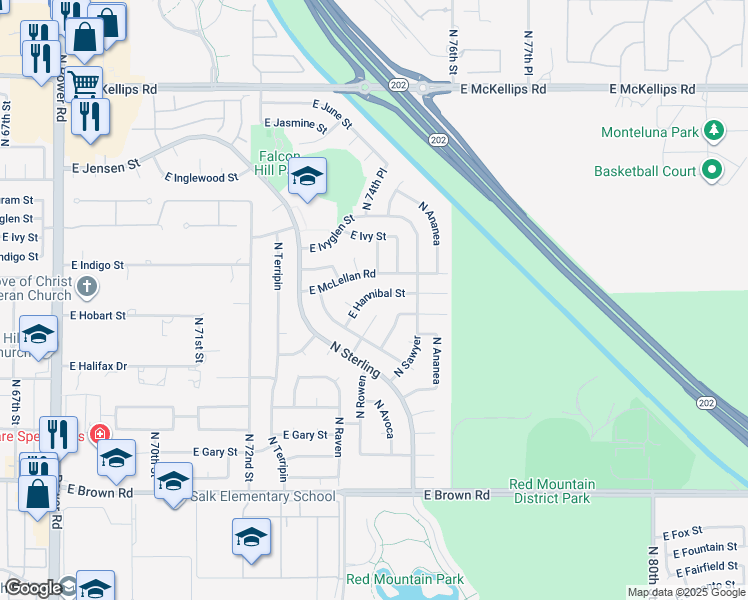 map of restaurants, bars, coffee shops, grocery stores, and more near 7427 East Hannibal Street in Mesa