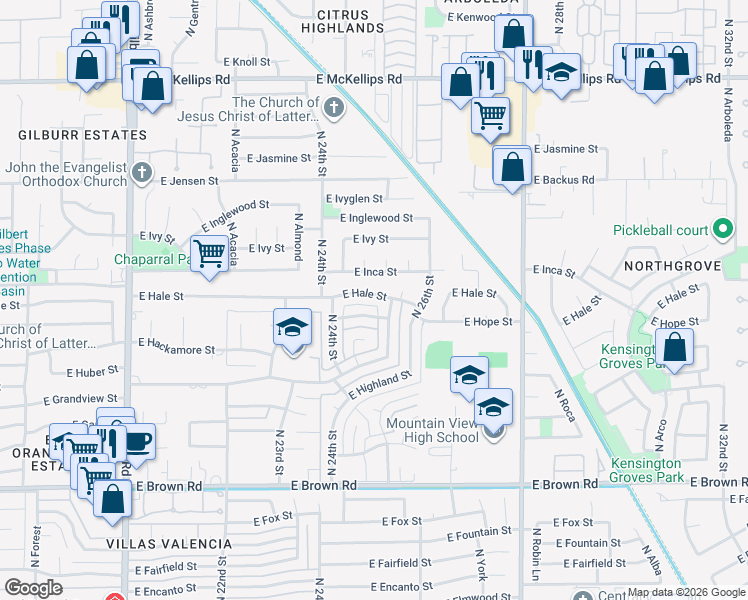 map of restaurants, bars, coffee shops, grocery stores, and more near 2507 East Hale Street in Mesa