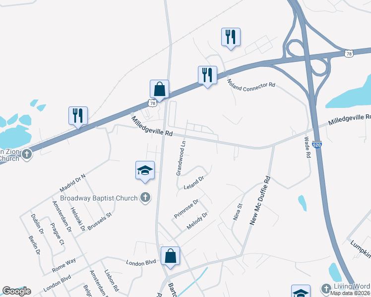 map of restaurants, bars, coffee shops, grocery stores, and more near 2206 Grandwood Lane in Augusta