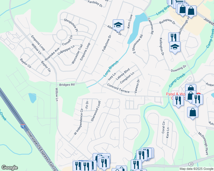 map of restaurants, bars, coffee shops, grocery stores, and more near 284 Concord Terrace in McDonough