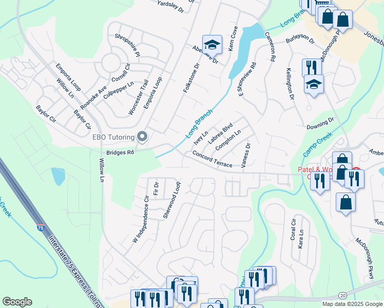 map of restaurants, bars, coffee shops, grocery stores, and more near 284 Concord Terrace in McDonough