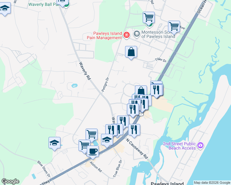 map of restaurants, bars, coffee shops, grocery stores, and more near 34 Courtyard Circle in Pawleys Island