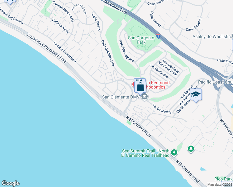 map of restaurants, bars, coffee shops, grocery stores, and more near 241 Monte Vista in San Clemente