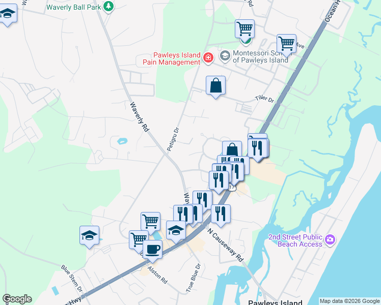 map of restaurants, bars, coffee shops, grocery stores, and more near 34 Courtyard Circle in Pawleys Island