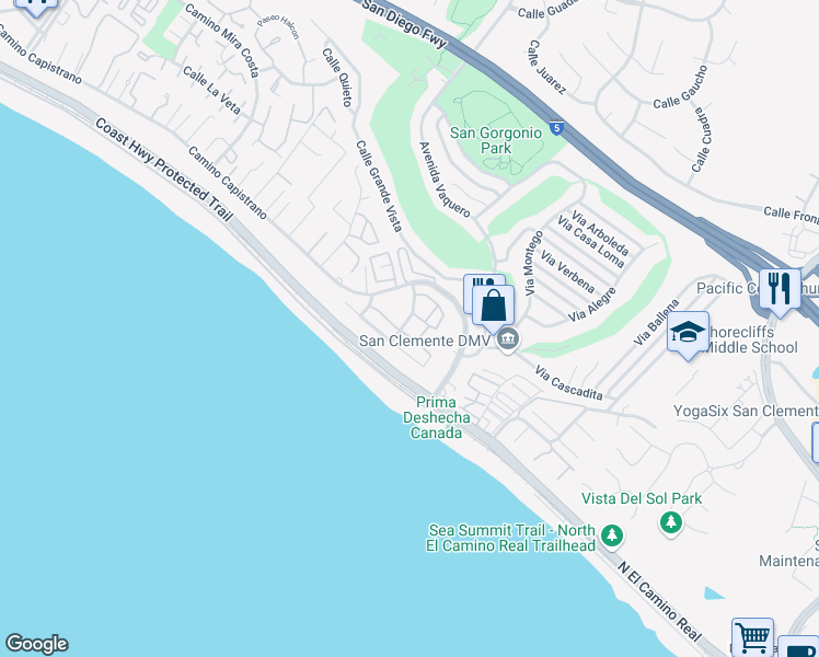 map of restaurants, bars, coffee shops, grocery stores, and more near 241 Monte Vista in San Clemente