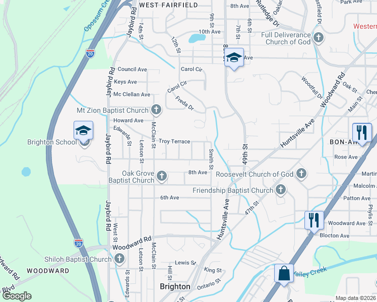 map of restaurants, bars, coffee shops, grocery stores, and more near 5018 Jacobs Street in Brighton