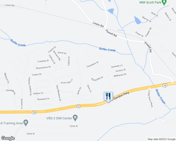 map of restaurants, bars, coffee shops, grocery stores, and more near 2779 Huntcliffe Drive in Grovetown