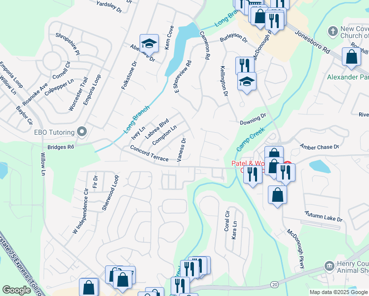 map of restaurants, bars, coffee shops, grocery stores, and more near 245 Vaness Drive in McDonough