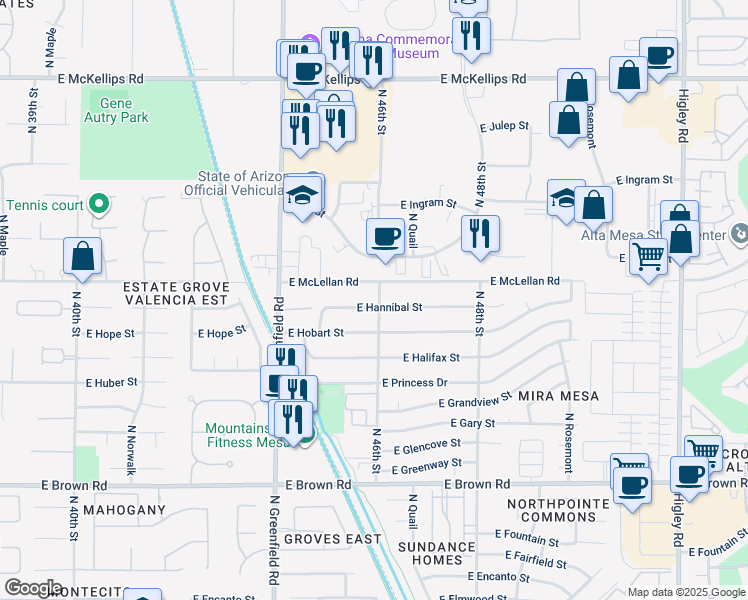 map of restaurants, bars, coffee shops, grocery stores, and more near 4560 East Hannibal Street in Mesa