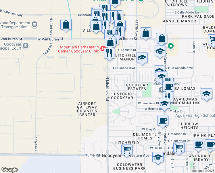 map of restaurants, bars, coffee shops, grocery stores, and more near 821 North Litchfield Road in Goodyear