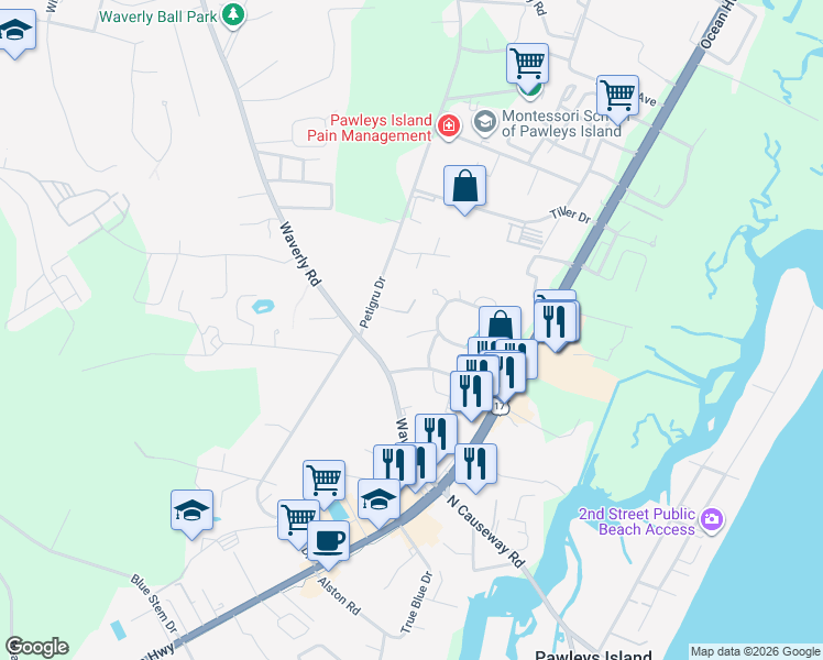 map of restaurants, bars, coffee shops, grocery stores, and more near 34 Courtyard Circle in Pawleys Island