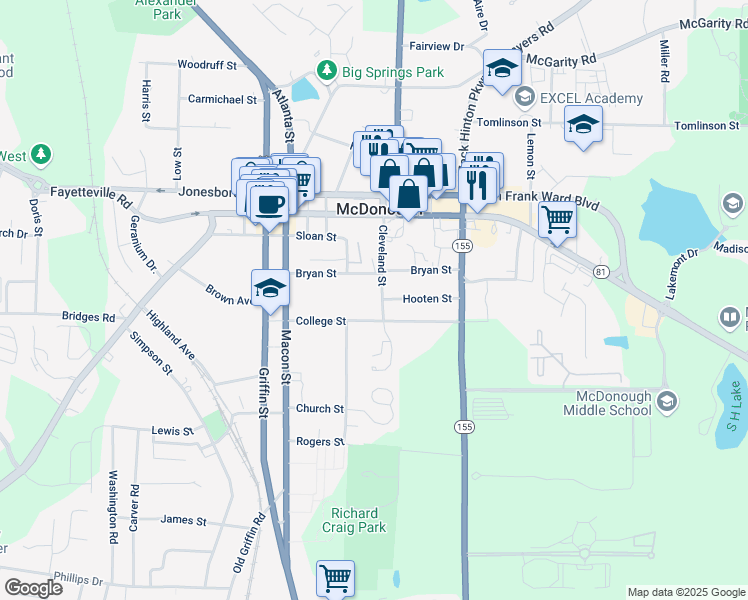 map of restaurants, bars, coffee shops, grocery stores, and more near 131 Cleveland Street in McDonough