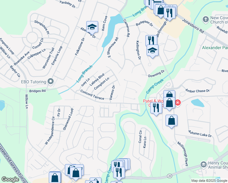 map of restaurants, bars, coffee shops, grocery stores, and more near 245 Vaness Drive in McDonough