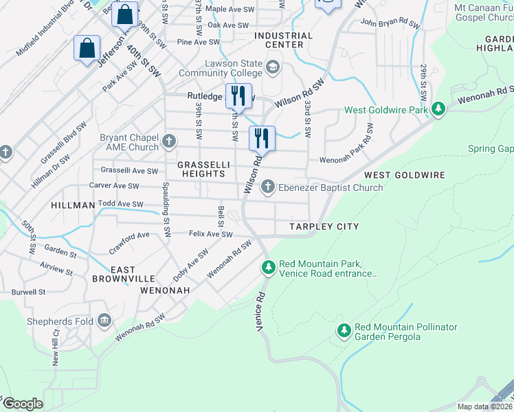 map of restaurants, bars, coffee shops, grocery stores, and more near 3535 Todd Avenue Southwest in Birmingham