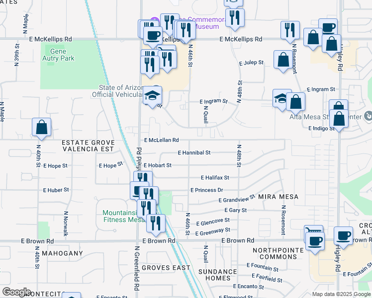 map of restaurants, bars, coffee shops, grocery stores, and more near 4560 East Hannibal Street in Mesa