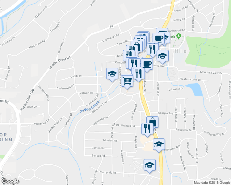 map of restaurants, bars, coffee shops, grocery stores, and more near 1912 Old Creek Trail in Vestavia Hills