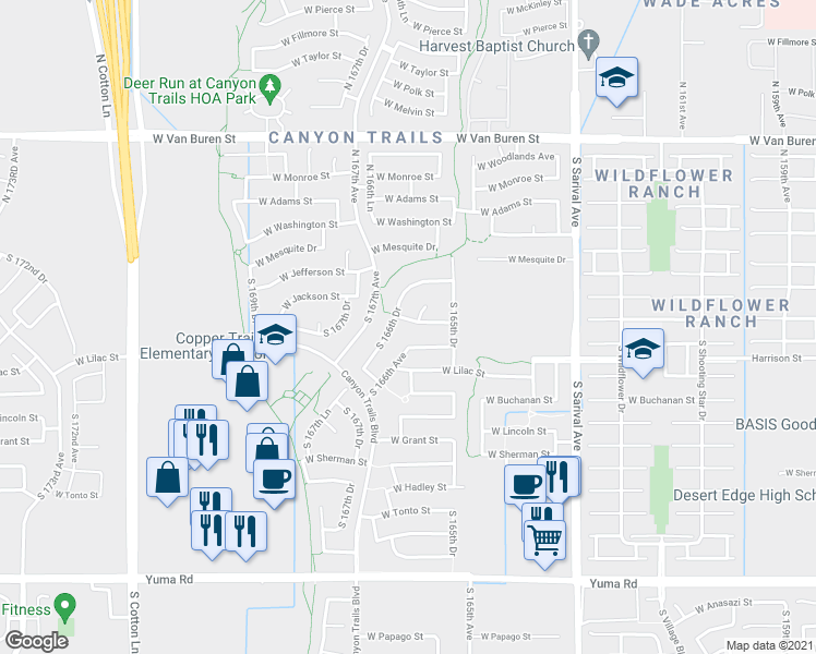 map of restaurants, bars, coffee shops, grocery stores, and more near 16595 West Jackson Street in Goodyear