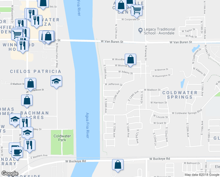 map of restaurants, bars, coffee shops, grocery stores, and more near 12534 West Madison Street in Avondale