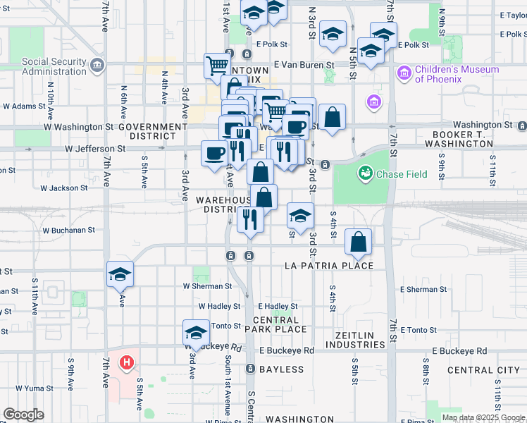 map of restaurants, bars, coffee shops, grocery stores, and more near 401 South 1st Street in Phoenix