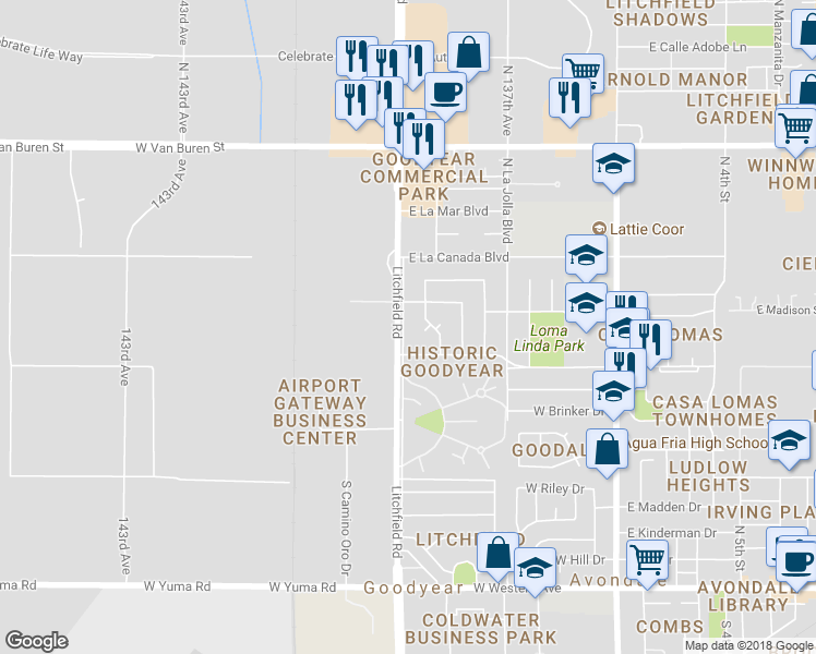 map of restaurants, bars, coffee shops, grocery stores, and more near 821 North Litchfield Road in Goodyear